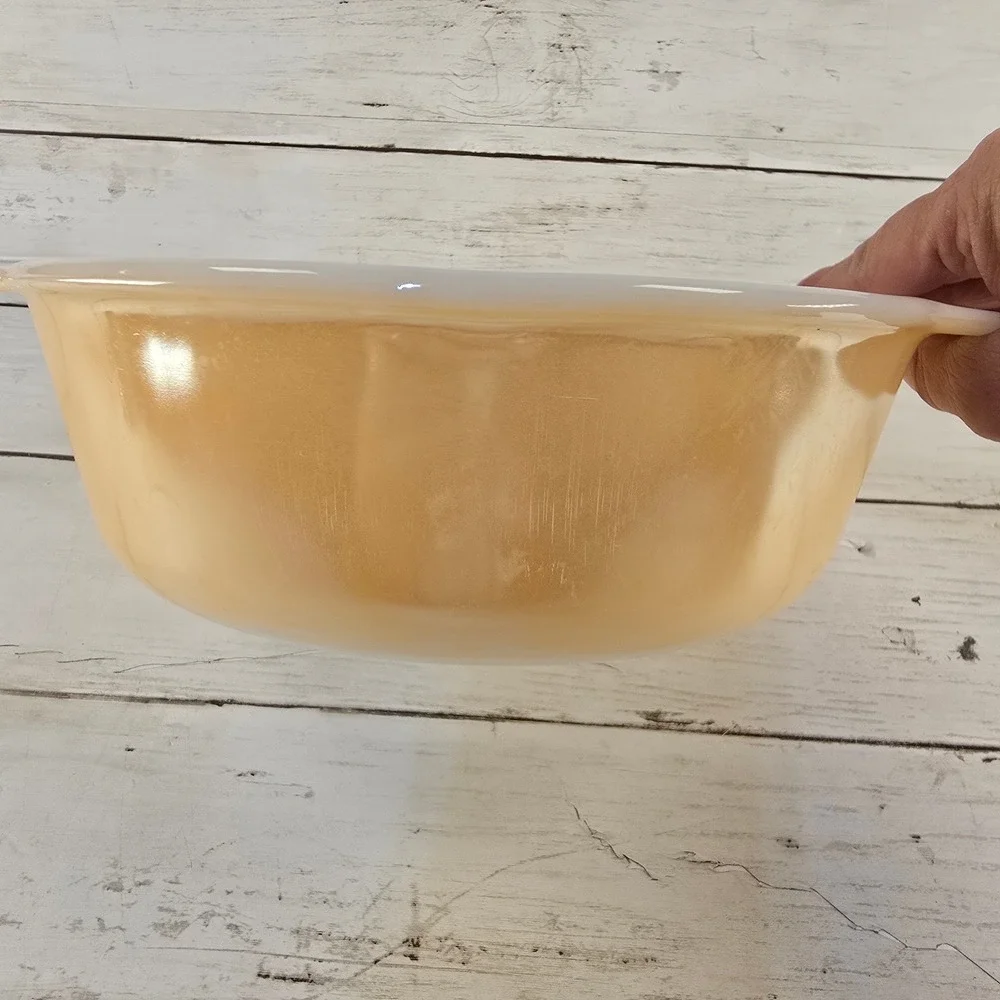 Vintage Fire-King Peach Luster Casserole Dish Milk Glass Round Baking Bowl 8.5in